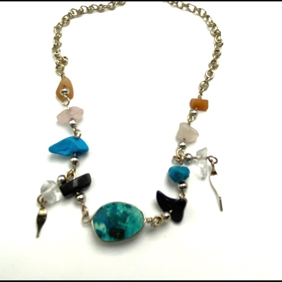 Artisan Gemstone Chrysocolla Onyx Turquoise Quartz Silver Chain Anklet Bracelet - Picture 3 of 13